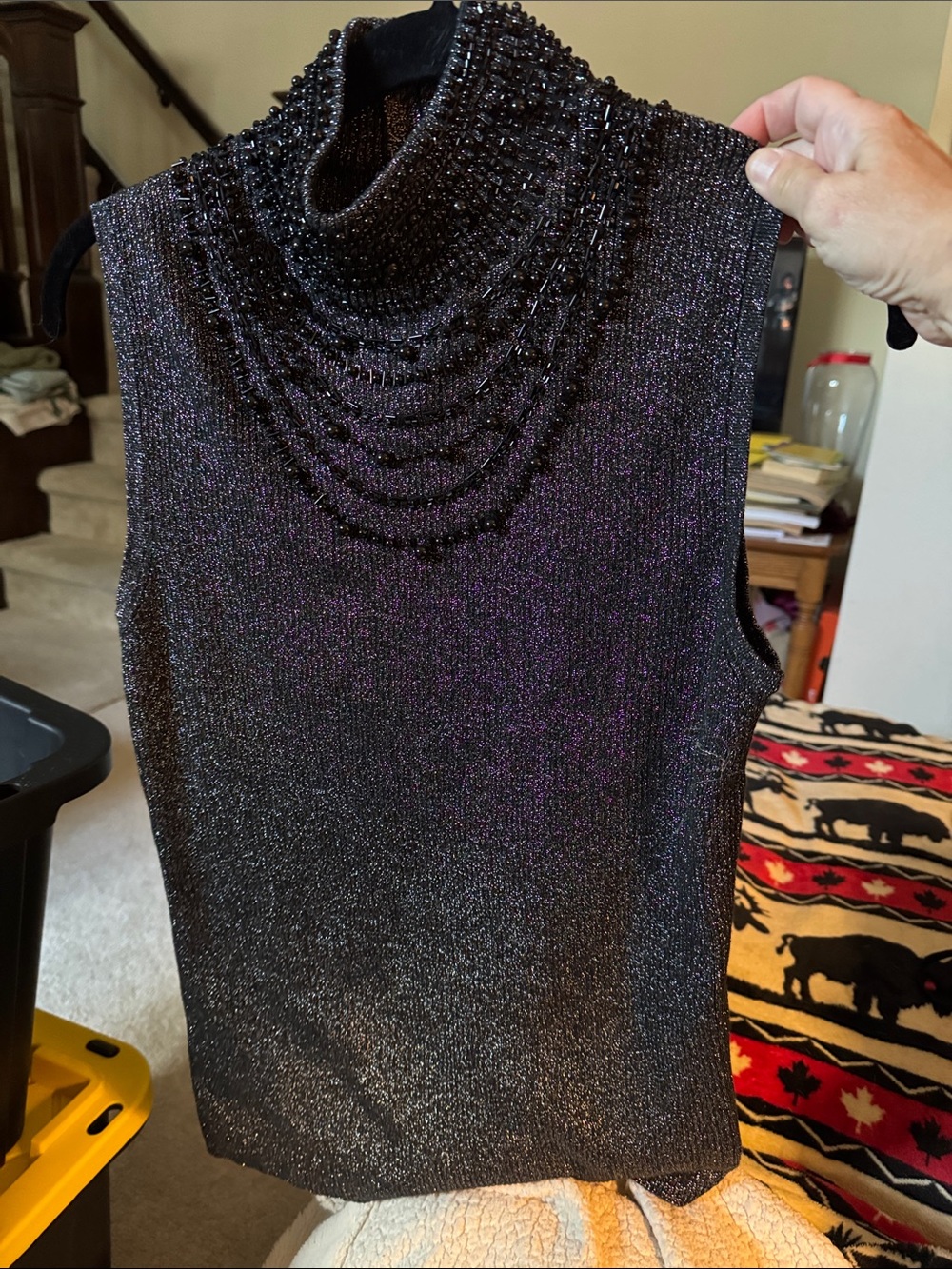 Lauren Michelle Black Sleeveless Beaded Turtleneck Tank